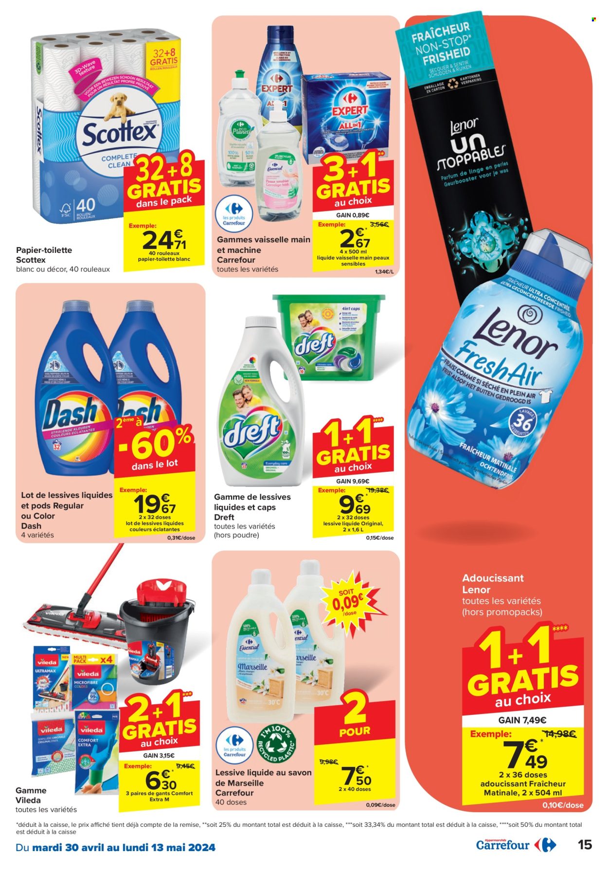thumbnail - Catalogue Carrefour hypermarkt - 30/04/2024 - 13/05/2024 - Produits soldés - Vileda, assouplissant, lessive, liquide vaisselle, Lenor. Page 15.