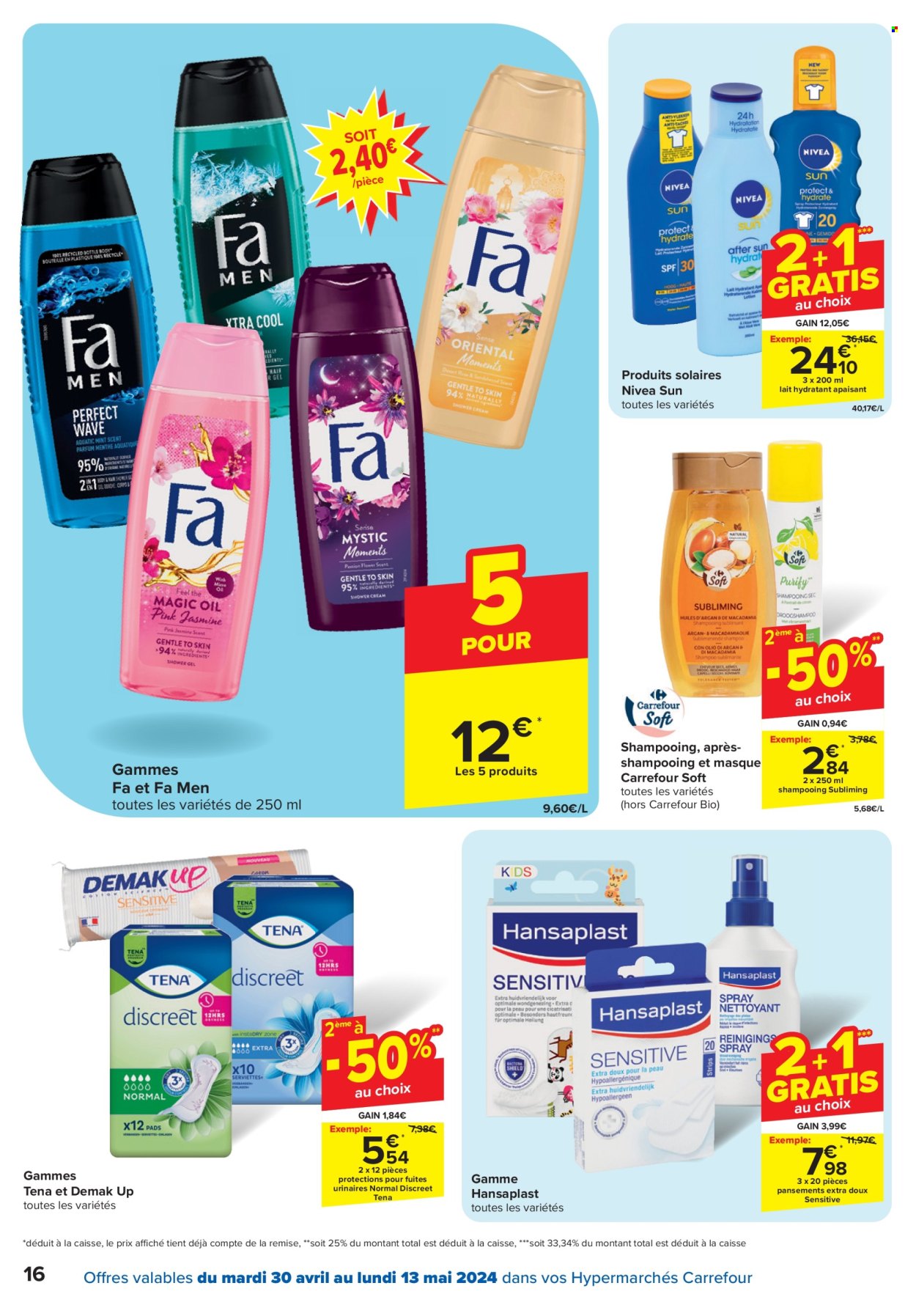 thumbnail - Catalogue Carrefour hypermarkt - 30/04/2024 - 13/05/2024 - Produits soldés - Nivea, lait, Fa Men, shampooing, Discreet, Tena, masque, lait hydratant. Page 16.