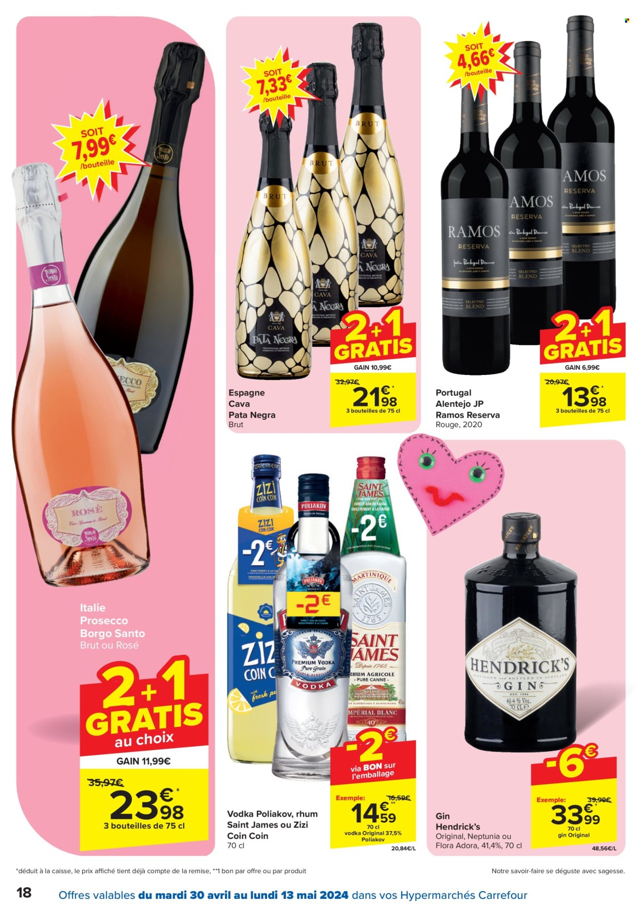 thumbnail - Catalogue Carrefour hypermarkt - 30/04/2024 - 13/05/2024 - Produits soldés - alcool, vin pétillant, gin, vodka, rhum, Poliakov, Prosecco. Page 18.