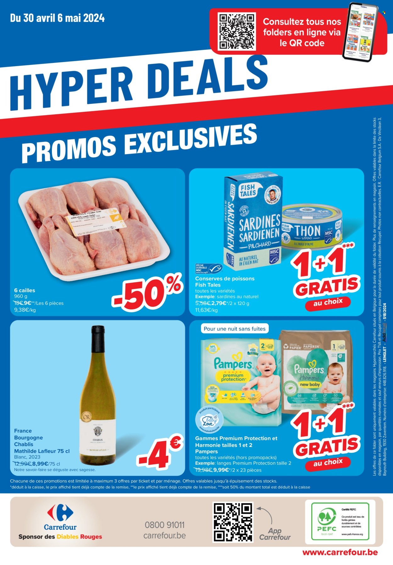 thumbnail - Catalogue Carrefour hypermarkt - 30/04/2024 - 13/05/2024 - Produits soldés - cailles, viande de cailles, sardines, vin blanc, vin, alcool, bourgogne, Pampers, ligne. Page 52.