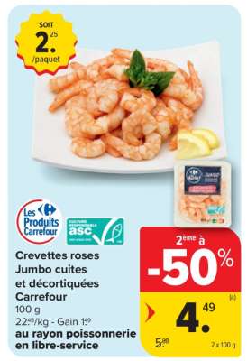 Crevettes roses Jumbo cuites et décortiquées Carrefour