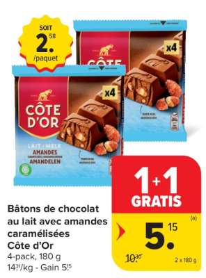 Bâtons de chocolat au lait avec amandes caramélisées Côte d’Or