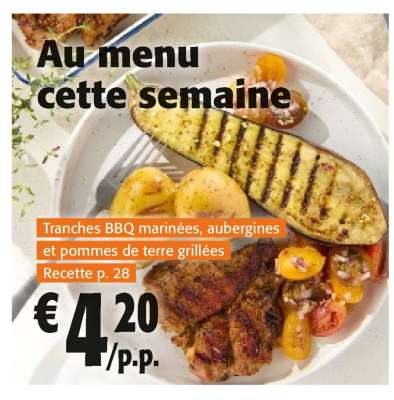Tranches BBQ marinées, aubergines et pommes de terre grillées