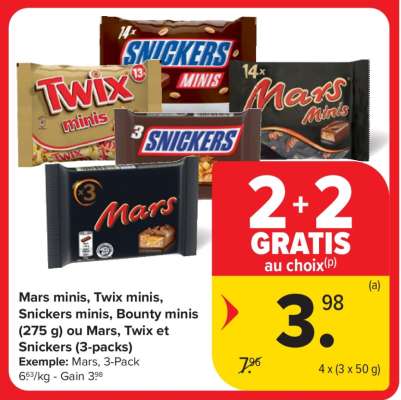 Mars minis, Twix minis, Snickers minis, Bounty minis (275 g) ou Mars, Twix et Snickers (3-packs)