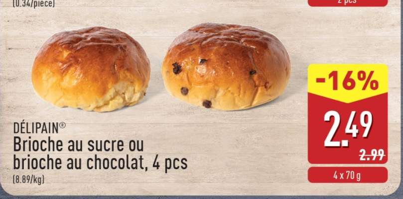 DÉLIPAIN Brioche au sucre ou brioche au chocolat, 4 pcs